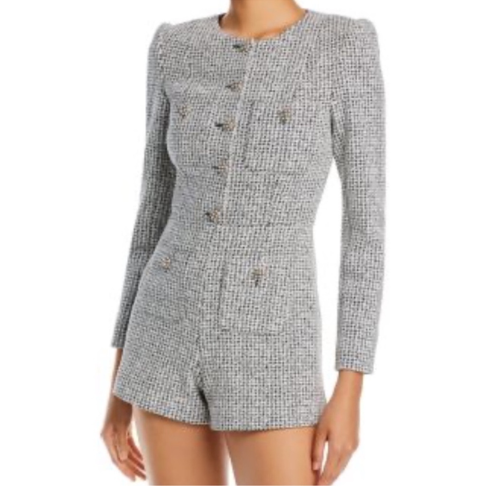 Alice + Olivia Black and White Houndstooth Tweed Backzip Romper Pearl Button NWT